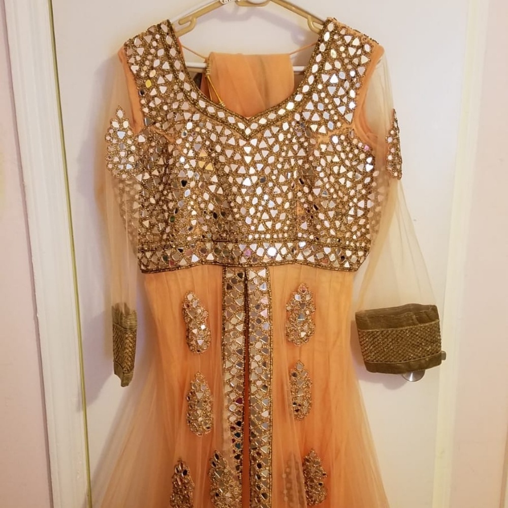 Peach and Gold mirrorwork anarkali